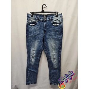 True indigo Men's Blue Distressed Straight Leg Denim Jeans Acid Wash Size 36x30